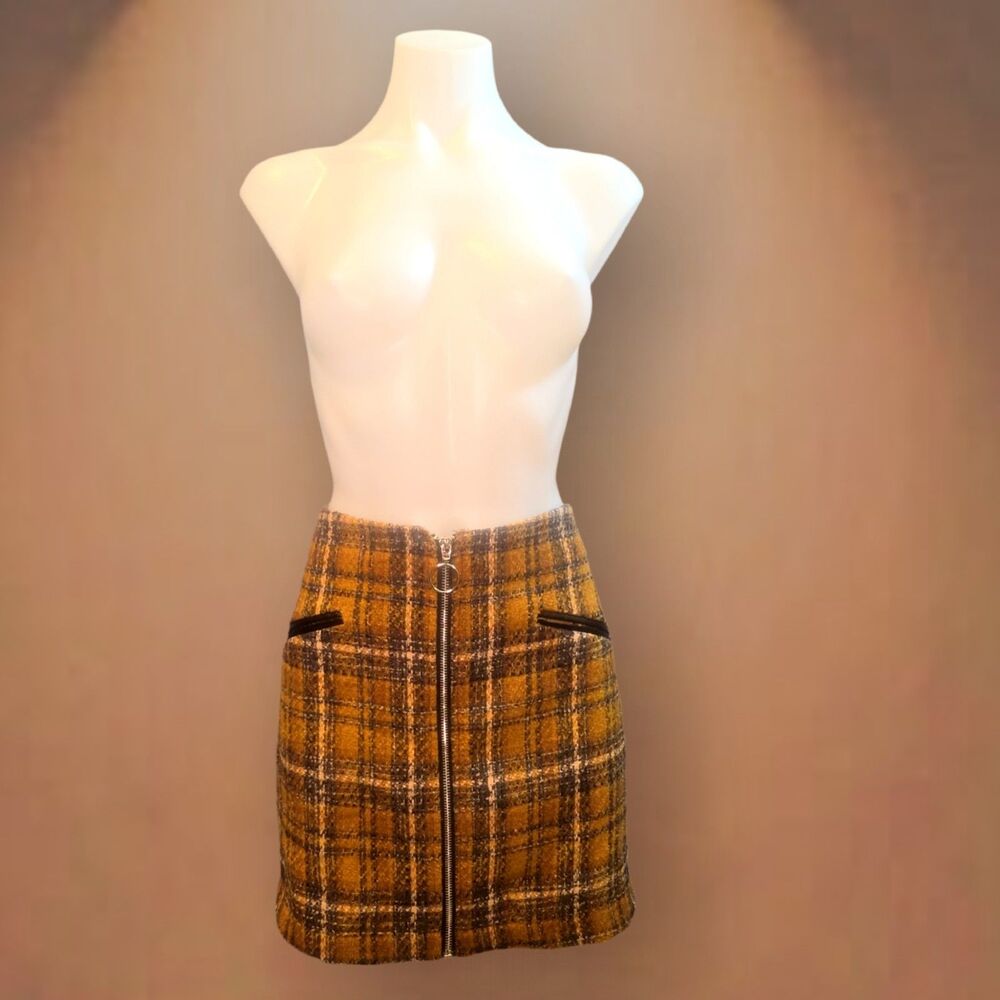 Vintage HYFVE Clueless Vibes Yellow & Pumkin Plaid Zip Mini Skirt sz L 90s Y2K